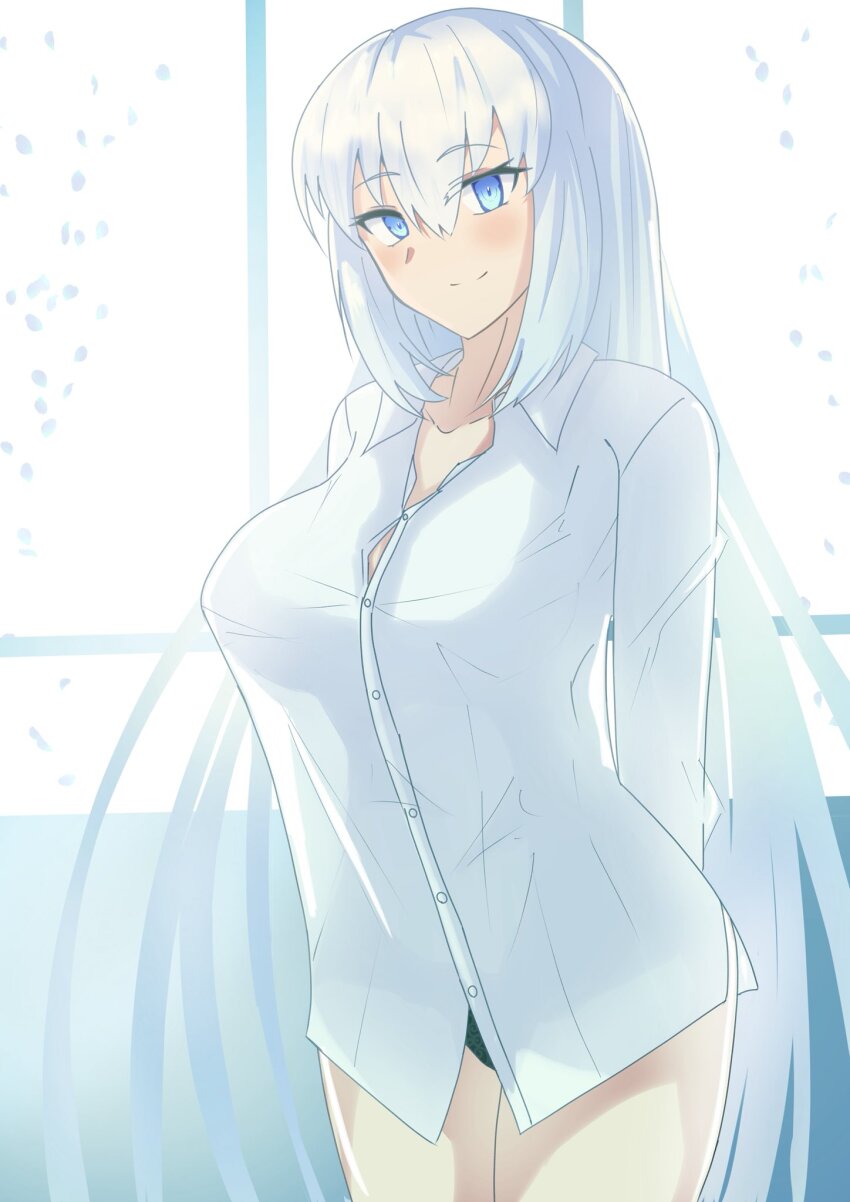 1girl blue_eyes blush fate/grand_order fate_(series) hair_between_eyes highres long_hair looking_at_viewer maru_hien morgan_le_fay_(fate) solo standing underwear white_hair