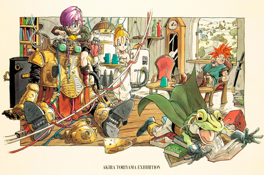 1990s_(style) 2boys 2girls accident armor artist_name bike_shorts blonde_hair blue_eyes book book_stack bookshelf cable cape chair chrono_trigger clock clock_tower closed_eyes crono_(chrono_trigger) feet_on_table frog_(chrono_trigger) frog_boy gloves high_ponytail highres holding holding_tray indoors katana long_hair lucca_ashtear marle_(chrono_trigger) multiple_boys multiple_girls non-web_source official_art on_chair open_mouth pencil_behind_ear ponytail purple_hair red_hair retro_artstyle robo_(chrono_trigger) robot sheath sheathed short_hair single_glove sitting sleeping spiked_hair standing sword toriyama_akira tower traditional_media tray tripping unworn_armor weapon yellow_gloves