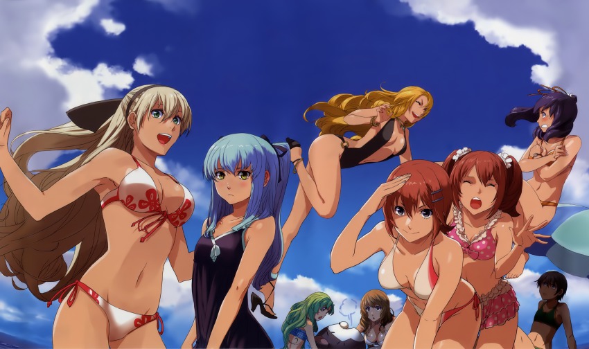 6+girls absurdres ao_no_kiseki bikini bikini_skirt blonde_hair blue_hair blush bracelet breasts cecile_neues character_request cleavage clenched_teeth closed_eyes cloud covering_breasts covering_privates day eiyuu_densetsu elie_macdowell enami_katsumi falcom floral_print fran_seeker front-tie_top green_eyes grey_hair groin hair_ribbon hairband half_updo high_heels highres ilya_platiere jewelry kea kea_(eiyuu_densetsu) large_breasts long_hair lots_of_jewelry medium_breasts multiple_girls navel noel_seeker o-ring o-ring_bottom one-piece_swimsuit open_mouth polka_dot polka_dot_bikini polka_dot_swimsuit ponytail ribbon rixia_mao salute shoes side-tie_bikini_bottom sky slingshot_swimsuit small_breasts sully_atraid swimsuit teeth tio_plato twintails yellow_eyes zero_no_kiseki