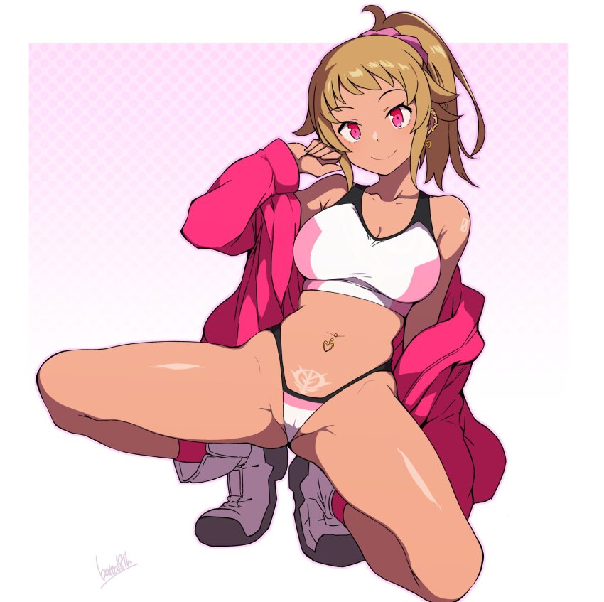 1girl 2024 alternate_eye_color alternate_skin_color batta_16-sei bra breasts brown_hair cameltoe cleavage ear_piercing earrings gundam gundam_build_fighters gundam_build_fighters_try gyaru highres hoshino_fumina jacket jewelry kneeling large_breasts long_hair looking_at_viewer midriff navel navel_piercing neo_zeon open_clothes open_jacket partially_visible_vulva piercing ponytail pubic_tattoo red_eyes red_jacket shoes signature simple_background smile solo solo_focus sports_bra spread_legs squatting tan tanline tattoo thong underwear white_shoes