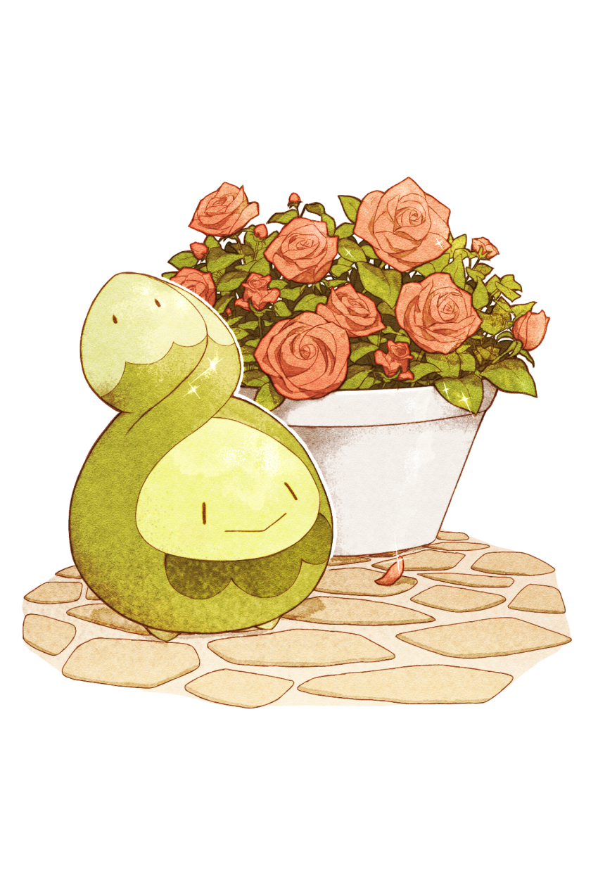 budew closed_mouth commentary_request flower gen_4_pokemon highres leaf mozuku_1313 nintendo no_humans pink_flower pokemon pokemon_(creature) pokemon_focus smile solo sparkle standing