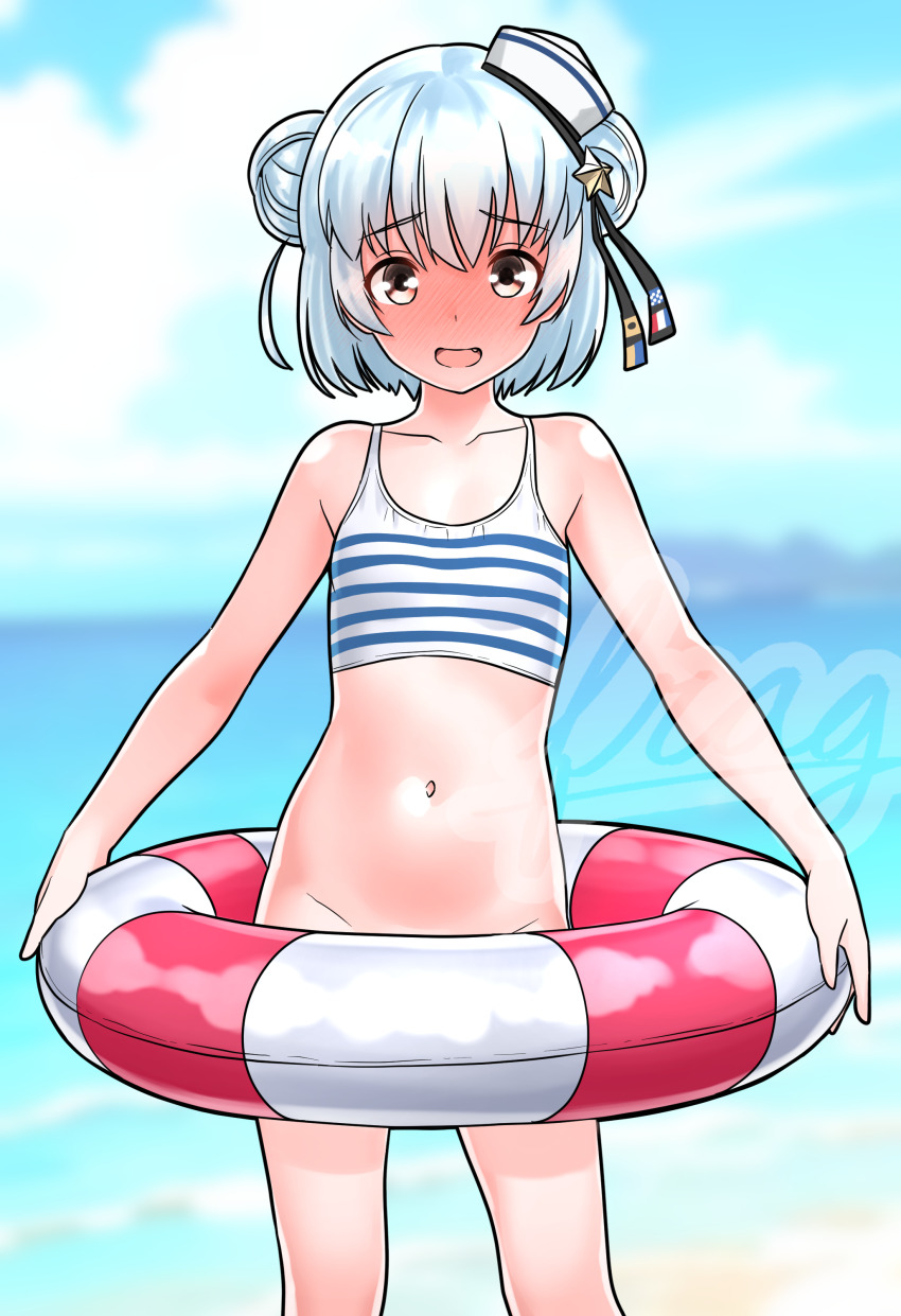 1girl absurdres bikini bikini_top_only black_ribbon blue_hair blush bottomless breasts dixie_cup_hat double_bun full-face_blush furaggu_(frag_0416) hair_bun hair_ribbon hat hat_ribbon highres kantai_collection looking_at_viewer military_hat navel open_mouth ribbon samuel_b._roberts_(kancolle) samuel_b._roberts_(swimsuit)_(kancolle) short_hair signal_flag small_breasts solo striped_bikini striped_clothes swim_ring swimsuit yellow_eyes