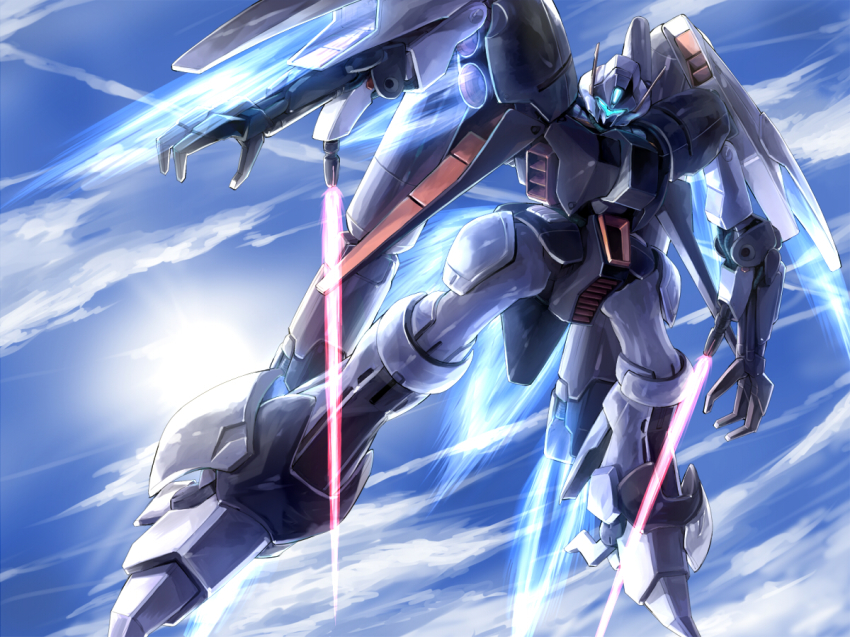 atsushi/hao blue_sky byalant_custom claws cloud energy_sword flying glowing gundam gundam_unicorn mecha mecha_focus no_humans robot sky solo sword weapon