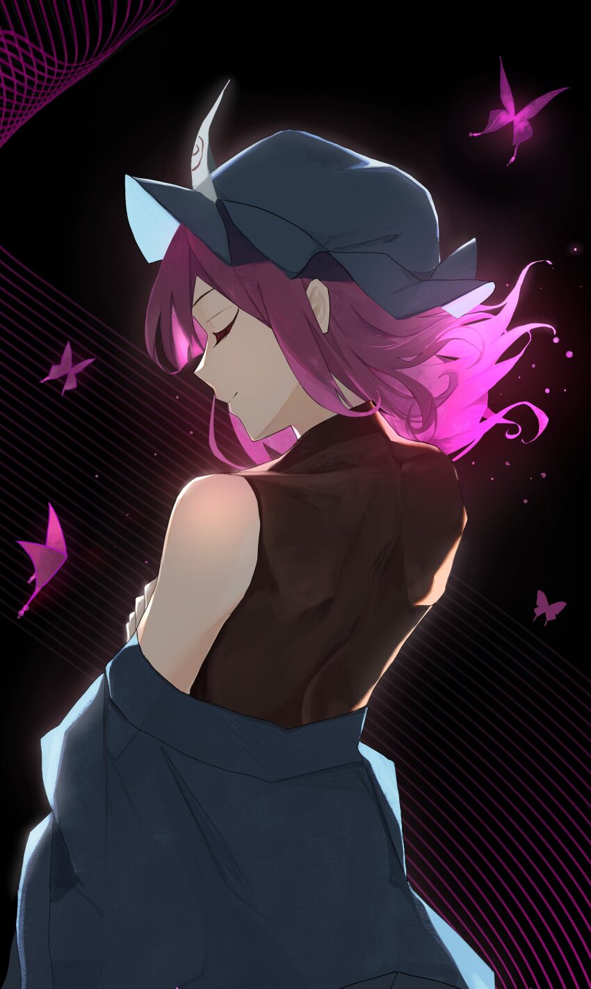 1girl absurdres back bare_shoulders black_background black_shirt blue_dress blue_hat bug butterfly butterfly_wings closed_eyes closed_mouth dress flying hair_between_eyes hand_up hat highres insect insect_wings long_sleeves mob_cap open_clothes open_dress palulap pink_butterfly pink_hair saigyouji_yuyuko shirt short_hair sleeveless sleeveless_shirt smile solo standing t-shirt touhou triangular_headpiece wings
