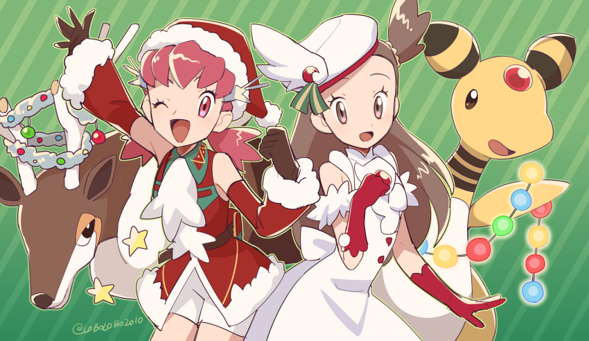 ampharos brown_hair christmas dress gen_2_pokemon gen_5_pokemon gloves hat highres jasmine_(holiday_2022)_(pokemon) jasmine_(pokemon) long_hair momoji_(lobolobo2010) nintendo pink_hair pokemon pokemon_(creature) pokemon_masters_ex red_gloves santa_costume santa_hat sawsbuck sawsbuck_(winter) sleeveless white_dress whitney_(holiday_2022)_(pokemon) whitney_(pokemon)