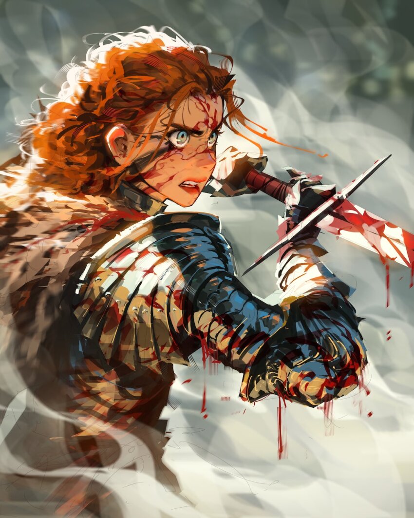 1girl angry armor blood blood_drip blood_in_hair blood_on_clothes blood_on_face blood_on_hands bloody_weapon blue_eyes curly_hair fighting fog fur_collar highres holding holding_sword holding_weapon looking_at_another narrowed_eyes open_mouth original out_of_frame red_hair sam_yang smoke sword upper_body viking war_paint weapon