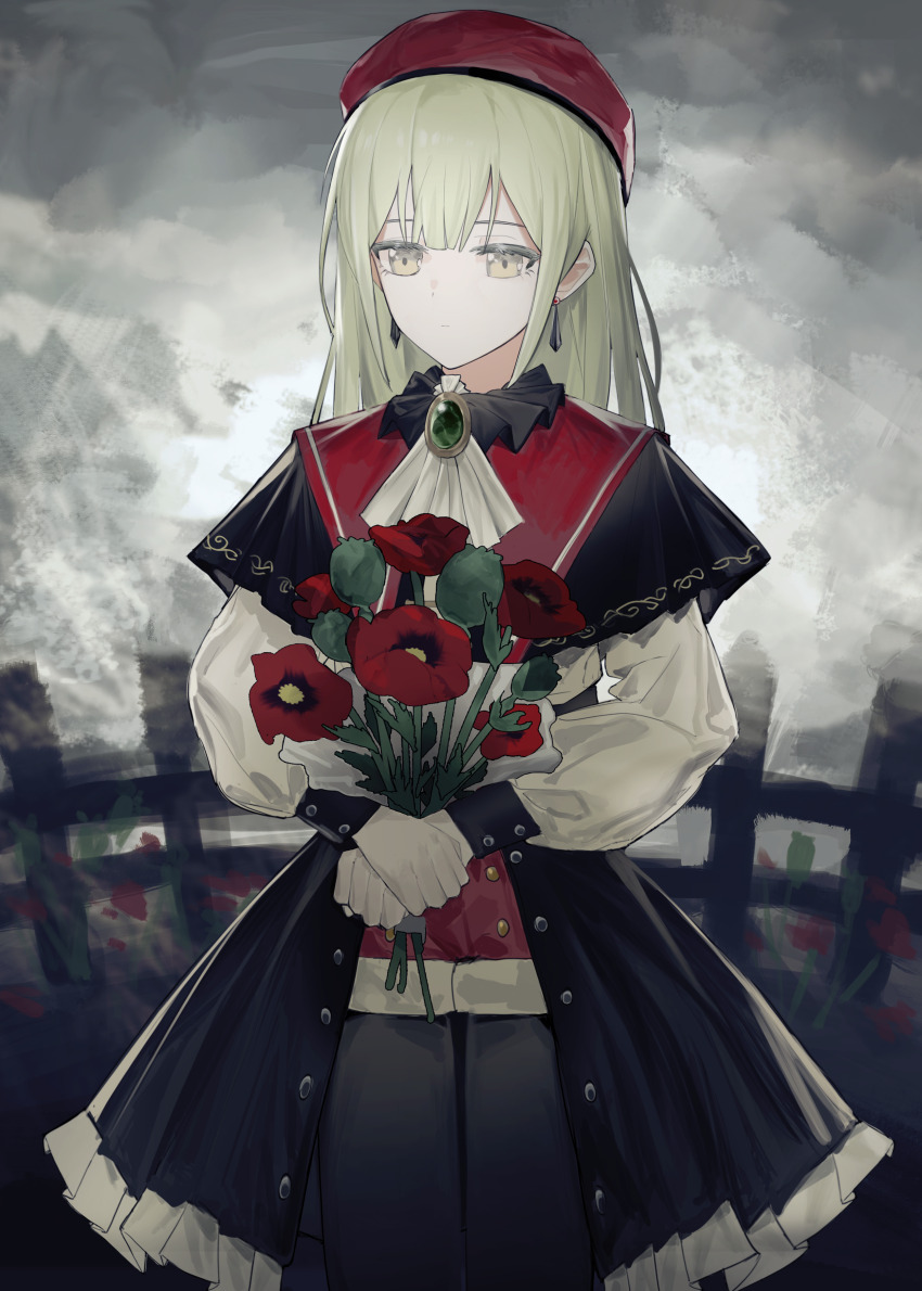 1girl absurdres anli_(jwcpp4sum0mgk5r) ascot bang_dream! bang_dream!_it&#039;s_mygo!!!!! beret black_capelet black_pantyhose black_skirt bouquet capelet chinese_commentary closed_mouth commentary_request earrings fence flower green_brooch green_hair hat highres holding holding_bouquet jewelry long_hair long_sleeves mortis_(bang_dream!) mortis_(costume)_(bang_dream!) pantyhose pantyhose_under_shorts red_flower red_hat red_shorts shorts shorts_under_skirt showgirl_skirt skirt solo variant_set wakaba_mutsumi white_ascot yellow_eyes