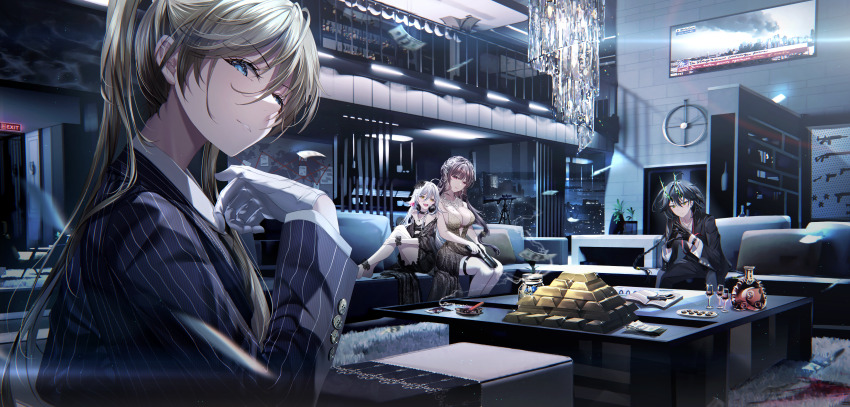 1boy 3girls :d absurdres ahoge alcohol androgynous anklet armory balcony banknote bare_arms bare_legs bare_shoulders barefoot black_gloves black_hair blonde_hair book bra bracelet braid breasts business_suit candy carpet chandelier choker cigar cityscape cleavage clock cocktail_dress coffee_table couch cup dress drinking_glass evening_gown exit_sign falling_money flat_chest food formal_clothes gangster gloves gold_bar green_eyes gun hairband half_gloves headphones heart heart-shaped_food heart-shaped_lollipop heart_necklace highres holding holding_candy holding_food holding_gun holding_lollipop holding_weapon horns indoors jar jewelry junpaku_karen lace lace_choker lace_trim large_breasts leaning_forward light_smile lollipop long_hair looking_at_viewer map money multiple_girls necklace news night no_bra on_couch open_mouth original own_hands_together parted_lips pink_eyes plant plate plunging_neckline potted_plant railing red_hair rifle scope shaped_lollipop shuriken sitting smile smoke smoke_trail sniper_rifle sparkle steepled_fingers suit table television thigh_strap twin_braids twintails underwear very_long_hair wall_clock weapon white_gloves white_hair wine_glass wine_rack world_map yellow_eyes