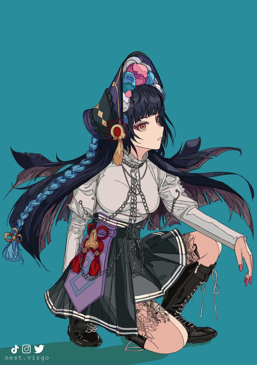 1girl artist_name black_boots black_hair black_skirt blunt_bangs bonnet boots chain commentary english_commentary eyeshadow floating_hair from_side genshin_impact green_background highres instagram_logo juliet_sleeves leg_tattoo long_hair long_sleeves looking_up makeup nail_polish nest_virgo on_one_knee pleated_skirt puffy_sleeves red_eyeshadow red_nails shirt simple_background skirt solo tattoo tiktok_logo twitter_logo white_shirt yellow_eyes yun_jin_(genshin_impact)