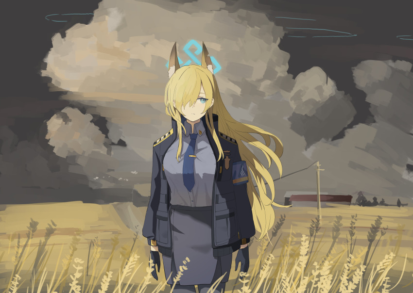 1girl absurdres animal_ear_fluff animal_ears arknights armband barn black_gloves black_pantyhose blonde_hair blue_archive blue_armband blue_eyes blue_jacket blue_necktie blue_shirt breasts closed_mouth cloud crossover dress_shirt epaulettes expressionless feet_out_of_frame floating_hair gloves grey_sky hair_over_one_eye halo high_collar highres inapple jacket kanna_(blue_archive) large_breasts long_hair long_sleeves necktie open_clothes open_jacket outdoors pantyhose pencil_skirt police police_uniform power_lines shirt shirt_tucked_in sidelocks sideways_glance skirt sky solo standing utility_pole wheat_field