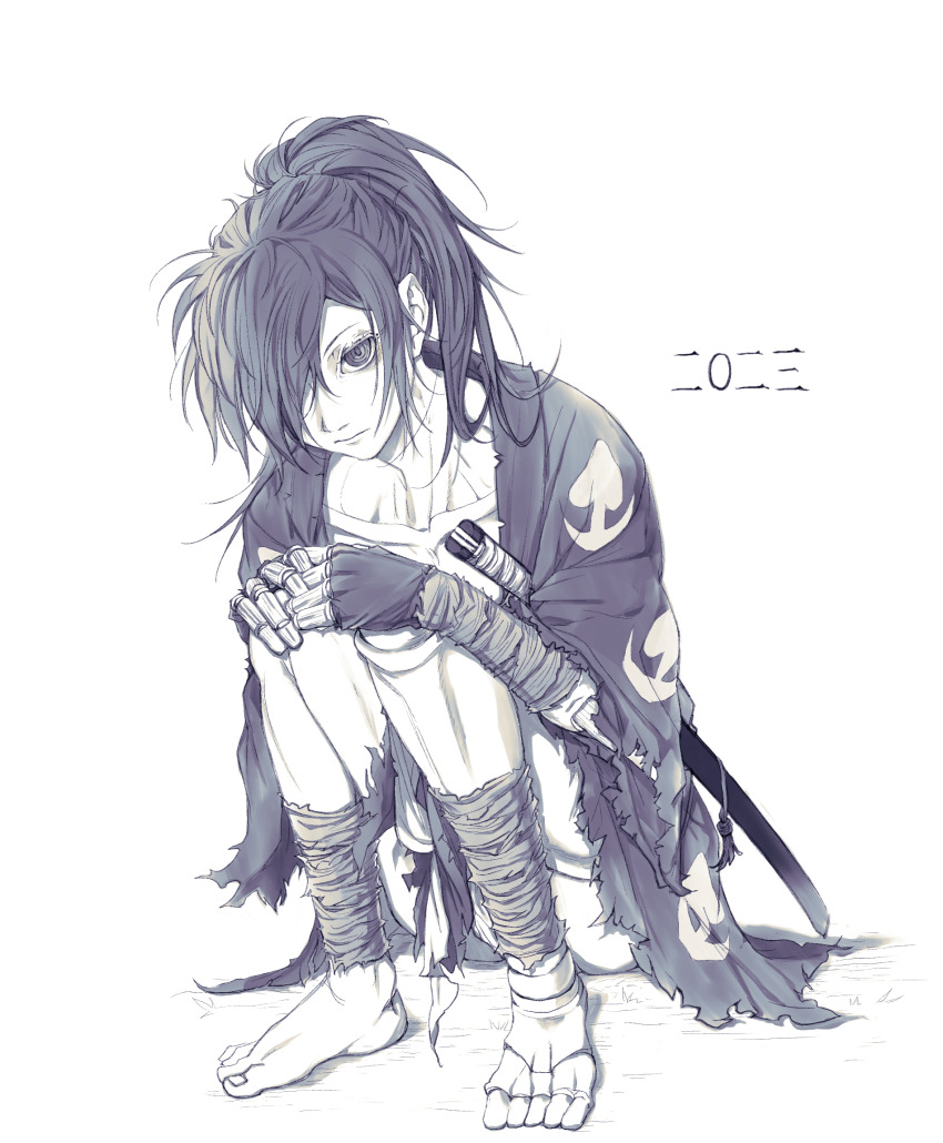 1boy barefoot collarbone dororo_(tezuka) greyscale hair_over_one_eye highres hugging_own_legs hyakkimaru_(dororo) long_hair looking_at_viewer male_focus monochrome pito_x8 prosthesis prosthetic_arm prosthetic_leg simple_background sitting solo sword weapon white_background