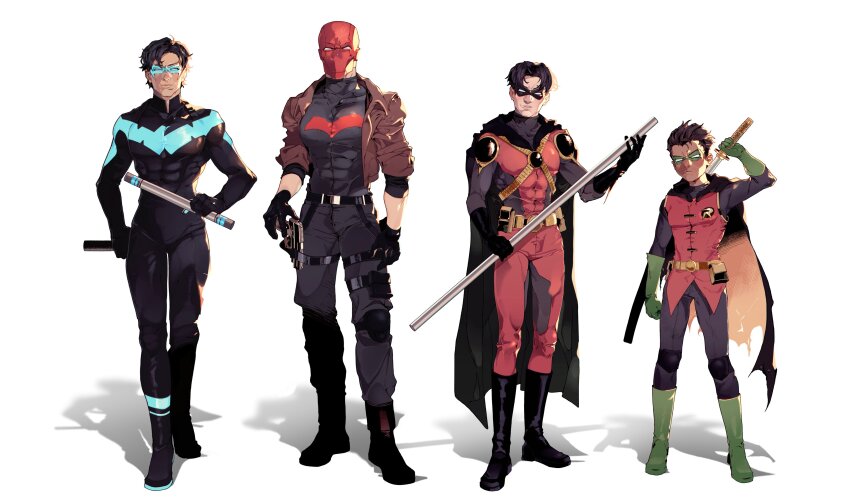 absurdres animal_print bat_print bat_signal batman_(series) batman_symbol black_bodysuit black_gloves black_hair blue_bodysuit blue_eyes bodysuit brothers brown_jacket cape closed_mouth damian_wayne dc_comics dianna_knst dick_grayson domino_mask gloves grey_bodysuit gun handgun highres holding jacket jason_todd jason_todd_(teen_titans) large_pectorals male_focus mask multiple_boys muscular muscular_male nightwing open_clothes pants pectorals red_hood_(dc) red_mask red_robin robin_(dc) short_hair siblings superhero_costume tim_drake two-tone_bodysuit weapon yellow_cape