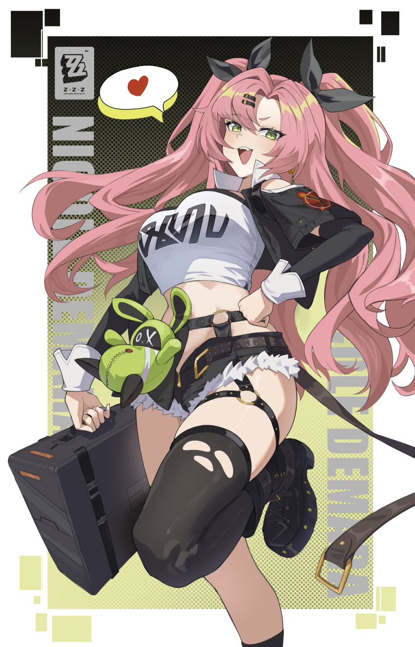 1girl absurdres bag belt breasts clothes_writing crop_top cutoffs fang fur_trim green_eyes hair_between_eyes hair_ornament heart highres jacket kumaq large_breasts leg_up long_hair long_sleeves looking_at_viewer midriff nicole_demara open_mouth pink_hair ribbon short_shorts shorts smile spoken_heart thigh_strap thighhighs torn_clothes very_long_hair zenless_zone_zero