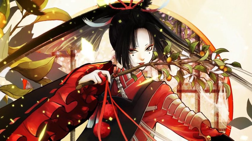 10s 1boy anime_screenshot black_hair branch feather_hair_ornament feathers fingernails hair_ornament japanese_clothes kogarasumaru_(touken_ranbu) lipstick looking_at_viewer makeup male_focus official_art pale_skin parted_lips pom_pom_(clothes) ponytail red_lips sharp_fingernails smile solo touken_ranbu touken_ranbu:_hanamaru upper_body