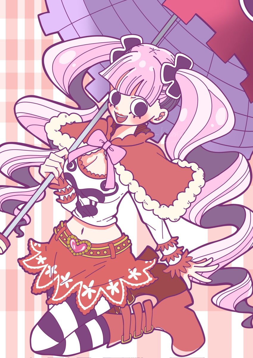 1girl blunt_bangs blush boots capelet commentary crop_top drill_hair full_body hair_tie hi_ina highres holding holding_umbrella lower_eyelashes_only one_piece open_mouth pantyhose perona pink_hair pink_umbrella red_boots red_capelet red_skirt skirt smile solo striped_background striped_clothes striped_pantyhose twin_drills twintails umbrella vertical-striped_background