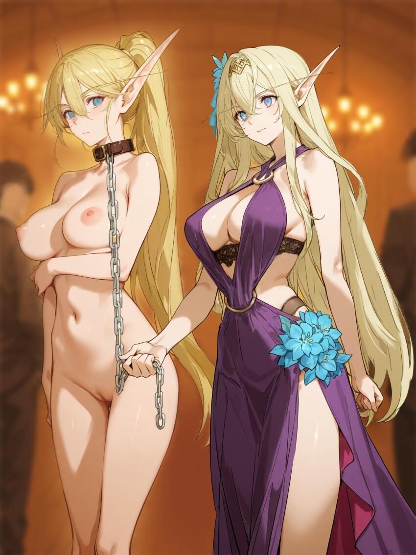 2boys 2girls animal_collar arm_at_side arm_under_breasts armpit_crease bdsm black_bra black_panties blonde_hair blue_eyes blue_flower blurry blurry_background bra brown_collar chain chandelier chinese_commentary circlet cleft_of_venus clenched_hands closed_mouth clothed_female_nude_female collar collarbone commentary_request completely_nude cowboy_shot crossed_bangs depth_of_field double-parted_bangs dress dress_flower elf expressionless femdom flower hair_between_eyes highleg highleg_panties highres holding holding_chain indoors leash long_bangs long_eyebrows long_hair looking_at_viewer multiple_boys multiple_girls nipples nude original panties pointy_ears ponytail purple_dress pussy revealing_clothes shining_1990 shiny_skin slave standing stomach straight_hair uncensored underwear very_long_hair