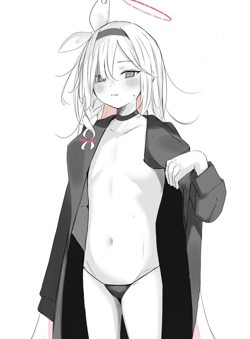 1girl absurdres bad_id bad_twitter_id blue_archive blush bow braid cameltoe choker coat colored_inner_hair flat_chest greyscale hair_bow hair_over_one_eye hairband halo highres loli long_hair monochrome multicolored_hair navel open_clothes open_coat panties pink_hair plana_(blue_archive) red_halo showtime775 side_braid simple_background solo spot_color stomach topless_female underwear very_long_hair white_background