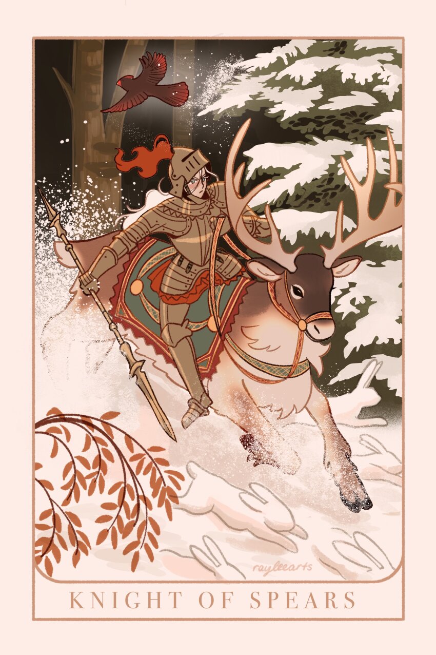 1girl absurdres antlers aqua_eyes armor bevor border bracer branch breastplate card_(medium) closed_mouth commentary couter cuirass cuisses english_commentary faulds full_armor gauntlets gorget greaves highres holding holding_polearm holding_reins holding_weapon horns knight long_hair minor_arcana_(tarot) original pauldrons pink_border plate_armor polearm poleyn rabbit raylee red_bird red_plume red_skirt reindeer reindeer_antlers reins rerebrace riding riding_animal sabaton saddle_blanket sallet shoulder_armor signature skirt snow snow_on_tree solo spear stirrups_(riding) tarot tarot_(medium) tree visor_(armor) visor_lift weapon white_hair