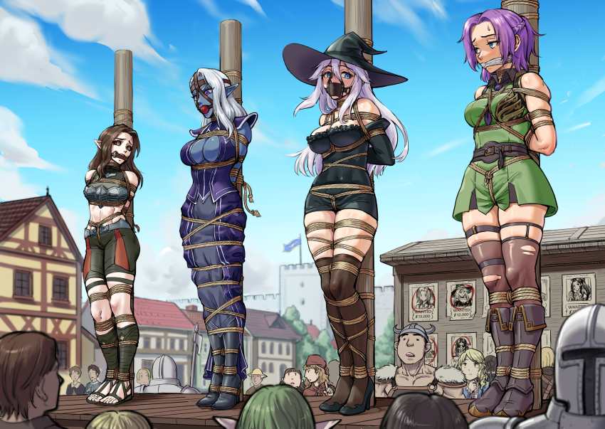 4girls ball_gag bit_gag black_dress black_sclera blue_eyes blue_skin blue_sky boots breasts brown_hair cleavage clenched_teeth cloth_gag colored_sclera colored_skin crop_top crowd dress gag gag_harness gagged green_shorts green_tunic hat high_heels highres improvised_gag large_breasts long_hair midriff multiple_girls original outdoors panel_gag pointy_ears purple_eyes purple_hair purple_shirt purple_skirt root001 sandals shibari shirt shoes short_dress shorts skirt sky teeth thighhighs tied_to_stake tunic white_hair witch witch_hat