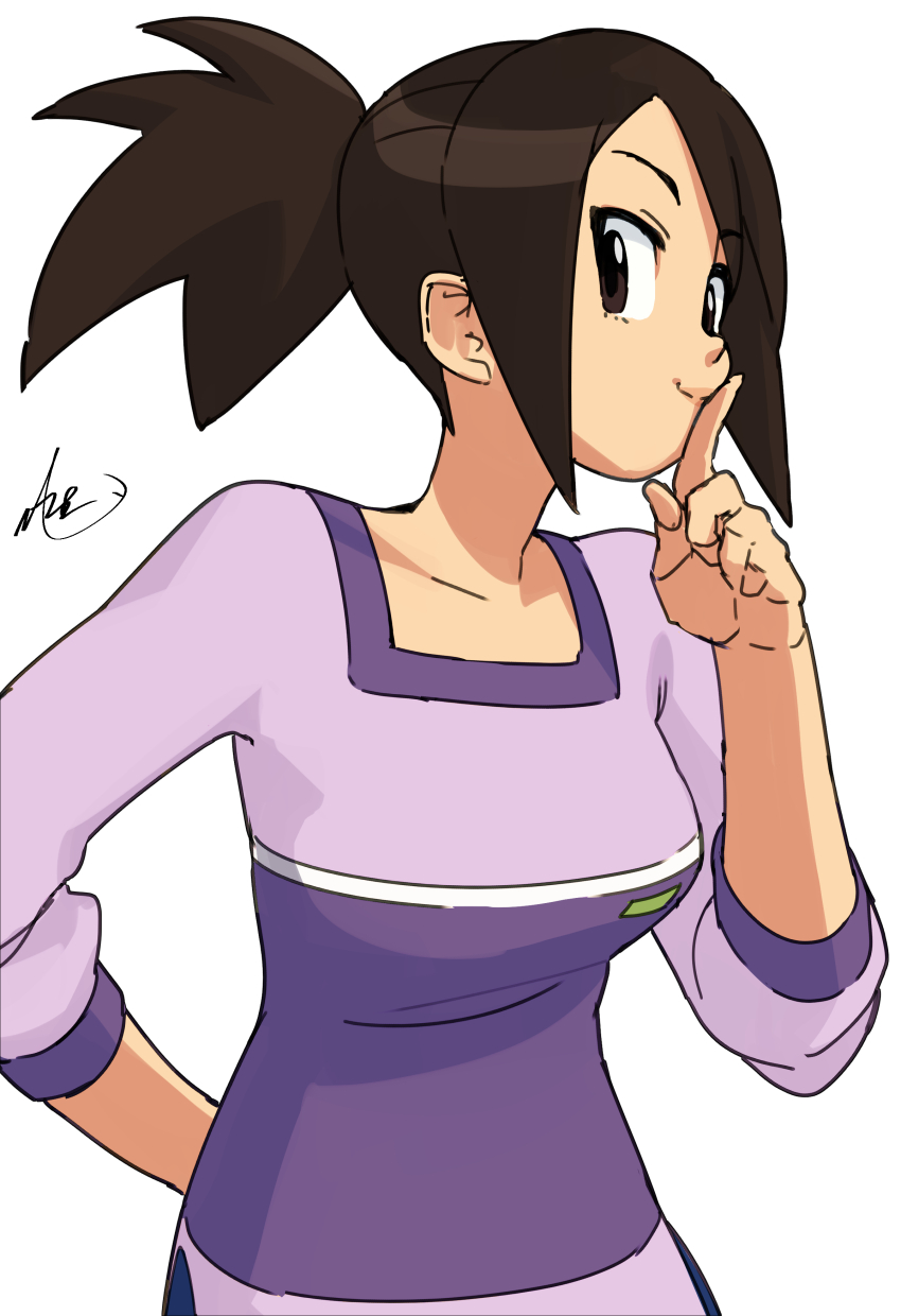 1girl :&gt; absurdres breasts brown_eyes brown_hair collarbone high_ponytail highres hope_stelar_(mega_man) looking_at_viewer medium_breasts medium_hair mega_man_(series) mega_man_star_force_(series) nazenani3634 ponytail purple_shirt shirt simple_background smile solo white_background wide_hips