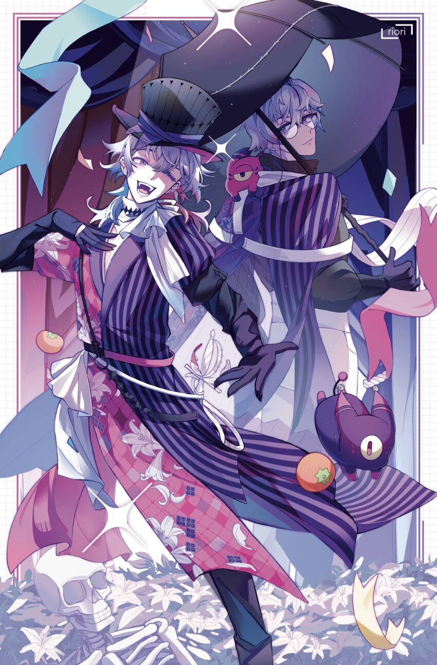 2boys bettel_2_(gavis_bettel) bishounen black_gloves blue_eyes blue_hair blue_ribbon blush coat commentary creature creature_on_shoulder diamond_choker english_commentary eyelashes floral_print flower gavis_bettel gavis_bettel_(1st_costume) gloves grey_hair hair_between_eyes happy hat heterochromia highres holding holding_umbrella holostars holostars_english jerry_(gavis_bettel) lily_print long_sleeves looking_at_viewer male_focus medium_hair multicolored_coat multicolored_hair multiple_boys on_shoulder one_eye_closed open_mouth phantom_(gavis_bettel) pink_eyes pink_hair ribbon riori scarf skeleton smile sparkle standing striped_coat teeth tomato top_hat umbrella vertical-striped_coat virtual_youtuber white_flower white_scarf