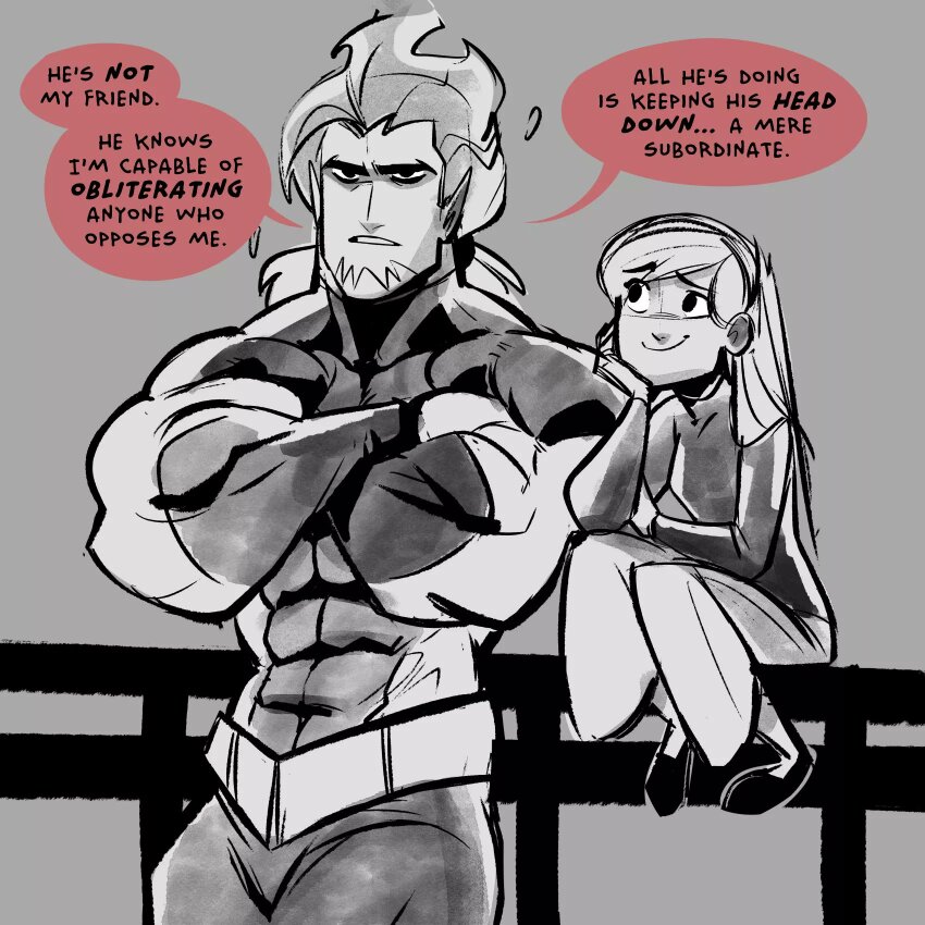 1boy 1girl abs biceps bodysuit commentary crossed_arms danny_phantom dark_danny english_commentary english_text facial_hair fire_hair flame_hair flaming_hair flats frown gloves goatee greyscale highres jasmine_fenton krossan long_hair long_sleeves looking_at_another manly mature_male monochrome multicolored_bodysuit muscular muscular_arms muscular_male pants pointy_ears ponytail shirt sitting smile talking teeth tight_clothes