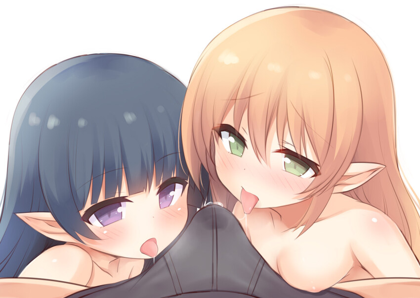 1boy 2girls black_hair blush breasts brown_hair bulge cooperative_fellatio covered_penis erection erection_under_clothes fellatio green_eyes highres irina_bondarchuk iris_mysteria! long_hair multiple_girls naja_(iris_mysteria!) nipples nude oral pointy_ears precum precum_through_clothes purple_eyes raised_inner_eyebrows small_breasts teamwork_(sexual) yuu_(yumezakura)