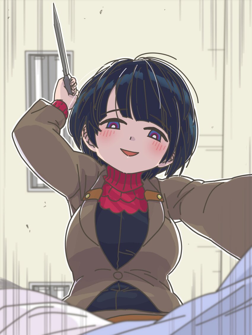 1girl black_hair blue_eyes blush bob_cut breasts gundam gundam_gquuuuuux highres holding holding_knife holding_weapon jacket kazkitashima knife long_sleeves looking_at_viewer open_mouth reverse_grip shiiko_sugai shirt short_hair smile weapon