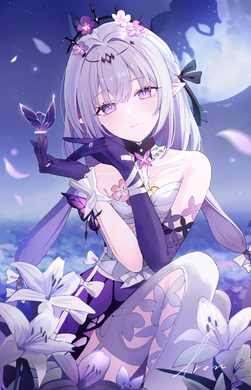 1girl artist_name asymmetrical_gloves black_tiara bug butterfly butterfly_on_hand castorice_(honkai:_star_rail) commentary_request crescent_moon dress elbow_gloves field flower flower_field gloves hair_flower hair_ornament highres honkai:_star_rail honkai_(series) insect iren_lovel long_hair looking_at_viewer moon night night_sky outdoors pantyhose pointy_ears purple_butterfly purple_eyes purple_gloves purple_hair sitting sky smile solo tiara uneven_gloves white_dress white_pantyhose