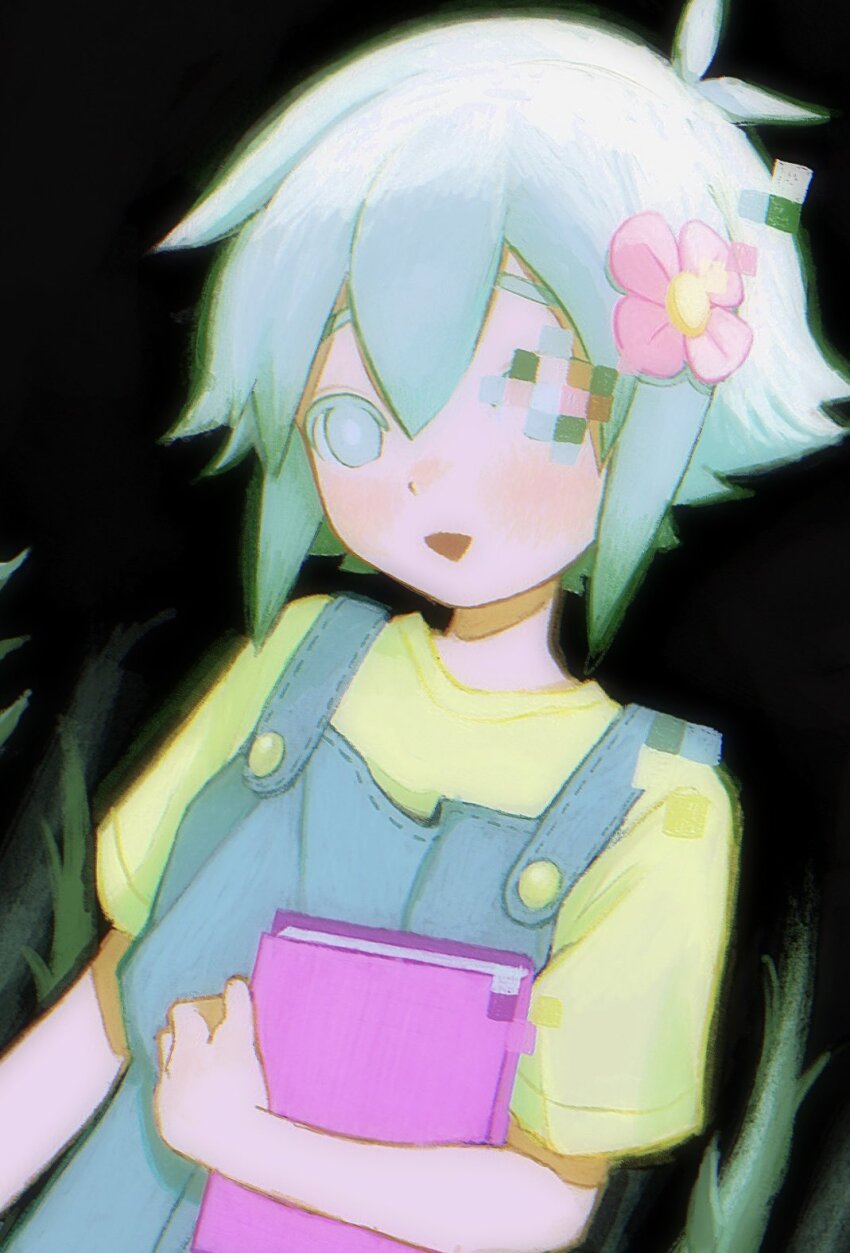 1boy basil_(headspace)_(omori) basil_(omori) blue_overalls book flower green_eyes green_hair hair_flower hair_ornament highres holding holding_book looking_at_viewer male_focus omori open_mouth overalls shirt short_hair short_sleeves smile solo t-shirt tate_ware_anal yellow_shirt