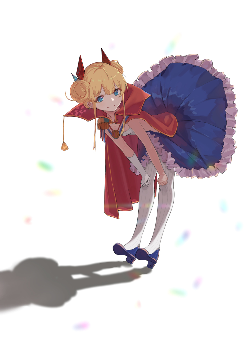1girl absurdres azur_lane blonde_hair blue_eyes blue_shoes blue_skirt cape chinese_commentary closed_mouth commentary_request double_bun epaulettes frilled_skirt frills gloves hair_bun high_heels highres le_triomphant_(azur_lane) leaning_forward looking_at_viewer medal pantyhose red_cape shadow shoes short_hair simple_background single_glove skirt smile solo standing striped_clothes striped_pantyhose vertical-striped_clothes vertical-striped_pantyhose white_background white_gloves white_pantyhose zu_ye