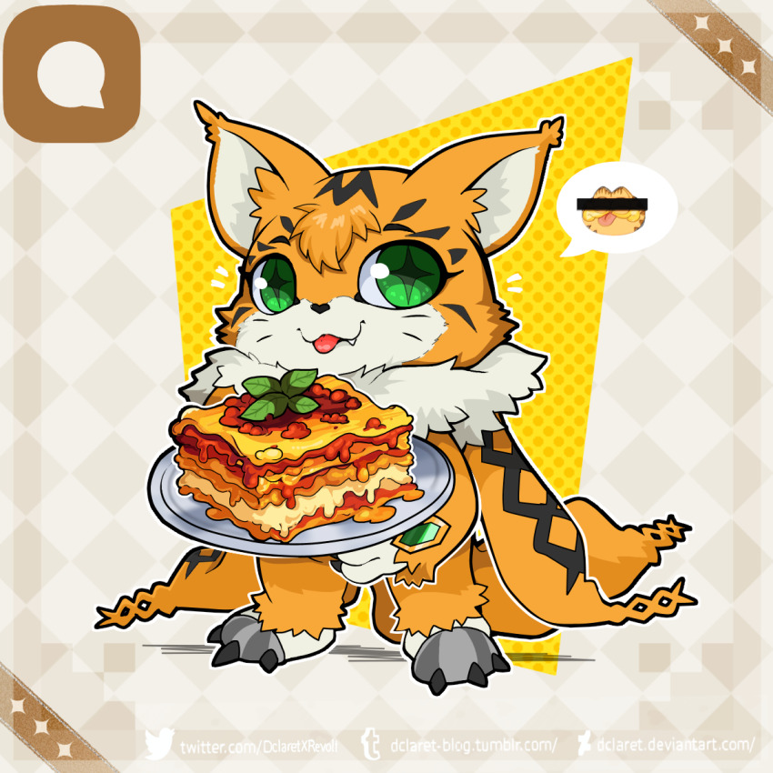 cat digimon digimon_(creature) garfield garfield_(character) highres lasagne looking_at_viewer meicoomon solo tail tongue tongue_out