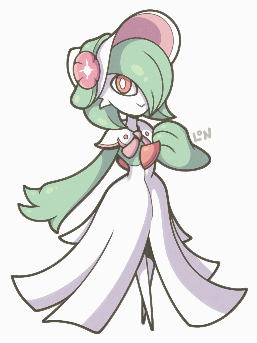 bob_cut bonnet colored_skin dress flower gardevoir gardevoir_(fashionable) gen_3_pokemon green_hair green_skin hair_over_one_eye hat hat_flower highres legendofnerd multicolored_skin nintendo pink_eyes pink_flower pokemon pokemon_(creature) pokemon_unite smile two-tone_skin white_dress white_skin