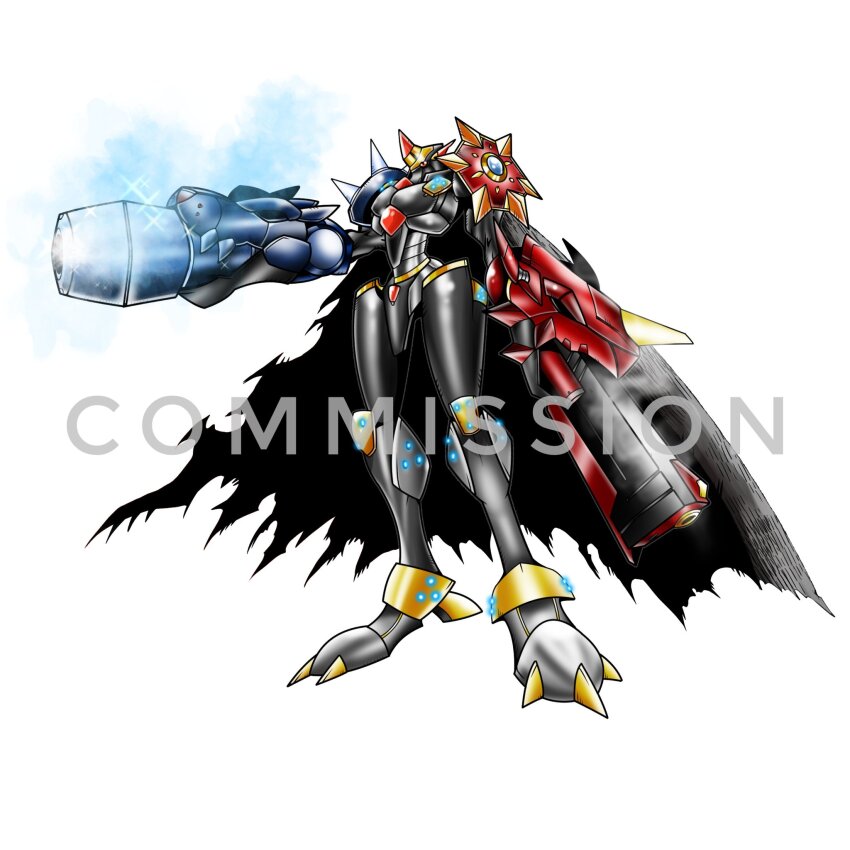 blitzgreymon cannon cape digimon digimon_(creature) fusion highres horns metalgarurumon omegamon oridigi original solo