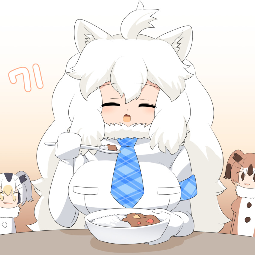 3girls ahoge animal_ear_fluff animal_ears blue_necktie bowl breasts brown_background brown_eyes brown_hair closed_eyes commentary_request curry curry_rice eating elbow_gloves eurasian_eagle_owl_(kemono_friends) fang food gloves gradient_hair head_wings highres holding holding_bowl holding_spoon kemono_friends large_breasts lets0020 lion_ears lion_girl long_hair multicolored_hair multiple_girls necktie northern_white-faced_owl_(kemono_friends) numbered open_mouth plaid_clothes plaid_necktie rice short_sleeves skin_fang solo_focus spoon upper_body very_long_hair white_gloves white_hair white_lion_(kemono_friends) wings yellow_eyes