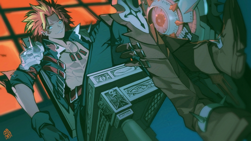 1boy abs black_jacket black_pants blonde_hair blue_eyes blurry blurry_background boots brown_boots chair crossed_legs duel_monster fiendsmith_engraver glowing glowing_eyes highres jacket male_focus medium_hair multicolored_hair muscular muscular_male no_shirt open_clothes open_jacket pants red_hair sen-jou short_hair sitting solo streaked_hair two-tone_hair window yu-gi-oh!
