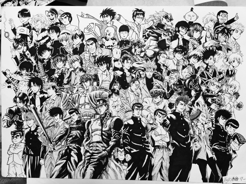 00s 10s 1990s_(style) 6+boys ajin_(sakurai_gamon) annotation_request ansatsu_kyoushitsu aoki_masaru araragi_koyomi babel_ii bakemonogatari bakura_ryou bancholeomon banchou baseball_bat beelzebub_(manga) black_hair book card cardcaptor_sakura chameleon_(kase_atsushi) chibi_maruko-chan cigarette copyright_request cosmetics crossover delinquent devilman digimon digimon_(creature) dr._slump earrings eyeshield_21 fudou_akira fuuma_kojirou fuuma_no_kojirou gakuran glasses gouda_takeo great_teacher_onizuka greyscale hadashi_no_gen hajime_no_ippo hareluya_boys hibari_kyouya hibino_hareluya hige_oyaji highres hikaru_no_go hiruma_youichi hunter_x_hunter hyouka ikari_shinji jewelry jojo_no_kimyou_na_bouken kageyama_shigeo kaito_(ajin) kamiya_kouichi katekyo_hitman_reborn! kekkaishi kinzoku_bat knuckle_bine kongou_akira kongou_banchou konjiki_no_gash!! kumagawa_misogi kunio-kun kunio-kun_series kuroba_kaito kusanagi_kyou kuujou_joutarou kyuukyoku_choujin_r lee_(dragon_garou) li_xiaolang long_sleeves looking_at_viewer maeda_taison magic_kaito male_focus mechazawa_shin&#039;ichi medaka_box meitantei_conan mendou_shuutarou mitsume_ga_tooru mob_psycho_100 monochrome monogatari_(series) multicolored_hair multiple_boys multiple_crossover muto_yugi nagasawa_kimio nakanojou_tsuyoshi nakaoka_gen necktie neon_genesis_evangelion nichijou nijimura_okuyasu oga_tatsumi one-punch_man onizuka_eikichi ore_monogatari!! oreki_houtarou oversized_object photo_(medium) pointy_ears pompadour r_tanaka_ichirou retro_artstyle robot rokudenashi_blues saiki_kusuo saiki_kusuo_no_psi_nan sakamoto sakamoto_desu_ga? sakigake!!_cromartie_koukou sakigake!!_otokojuku sakuragi_hanamichi school_uniform screw sendou_takeshi sharaku_hosuke shiota_nagisa skop slam_dunk_(series) smoke spiked_hair sumimura_yoshimori takamine_kiyomaro the_king_of_fighters tokisadame_school_uniform touya_akira trait_connection tsurugi_momotaro twintails ueki_kosuke ueki_no_housoku urameshi_yuusuke urusei_yatsura watanuki_kimihiro weapon xxxholic yamashita_katsuji yami_yugi yazawa_eisaku yu-gi-oh! yuu_yuu_hakusho