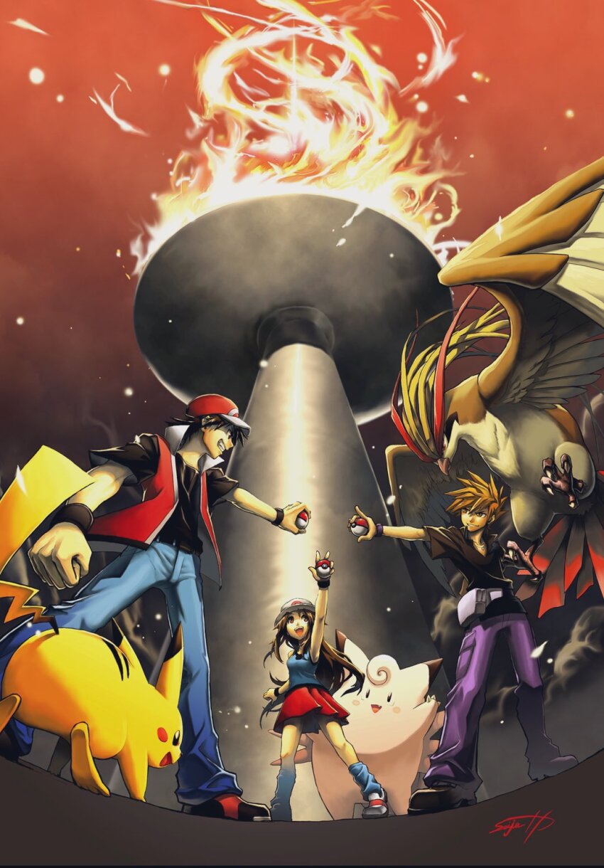 1girl 2boys black_hair black_shirt blue_oak blue_pants blue_shirt brown_eyes brown_hair clefable creatures_(company) fire game_freak gen_1_pokemon green_(pokemon) hat highres holding holding_poke_ball jacket multiple_boys nintendo pants pidgeot pikachu poke_ball pokemon pokemon_(creature) pokemon_day pokemon_frlg purple_pants red_(pokemon) red_hat red_jacket red_skirt seijun shirt signature skirt white_hat