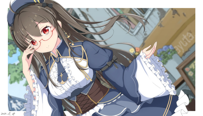 1girl adjusting_eyewear ahoge anchor_earrings azur_lane beret blue_dress blue_hat blue_necktie blurry blurry_background blush border breasts brown_hair center_frills commentary_request corset cowboy_shot dated dress dutch_angle earrings framed_breasts frilled_dress frilled_sleeves frills glasses hair_between_eyes hand_up hat highres jewelry large_breasts london_(azur_lane) london_(retrofit)_(azur_lane) long_hair long_sleeves looking_at_viewer necktie puffy_long_sleeves puffy_sleeves red-framed_eyewear red_eyes retrofit_(azur_lane) semi-rimless_eyewear shirt short_necktie sidelocks smile solo standing twintails under-rim_eyewear white_border white_shirt wide_sleeves yasuda-san_(airgarden_sky)