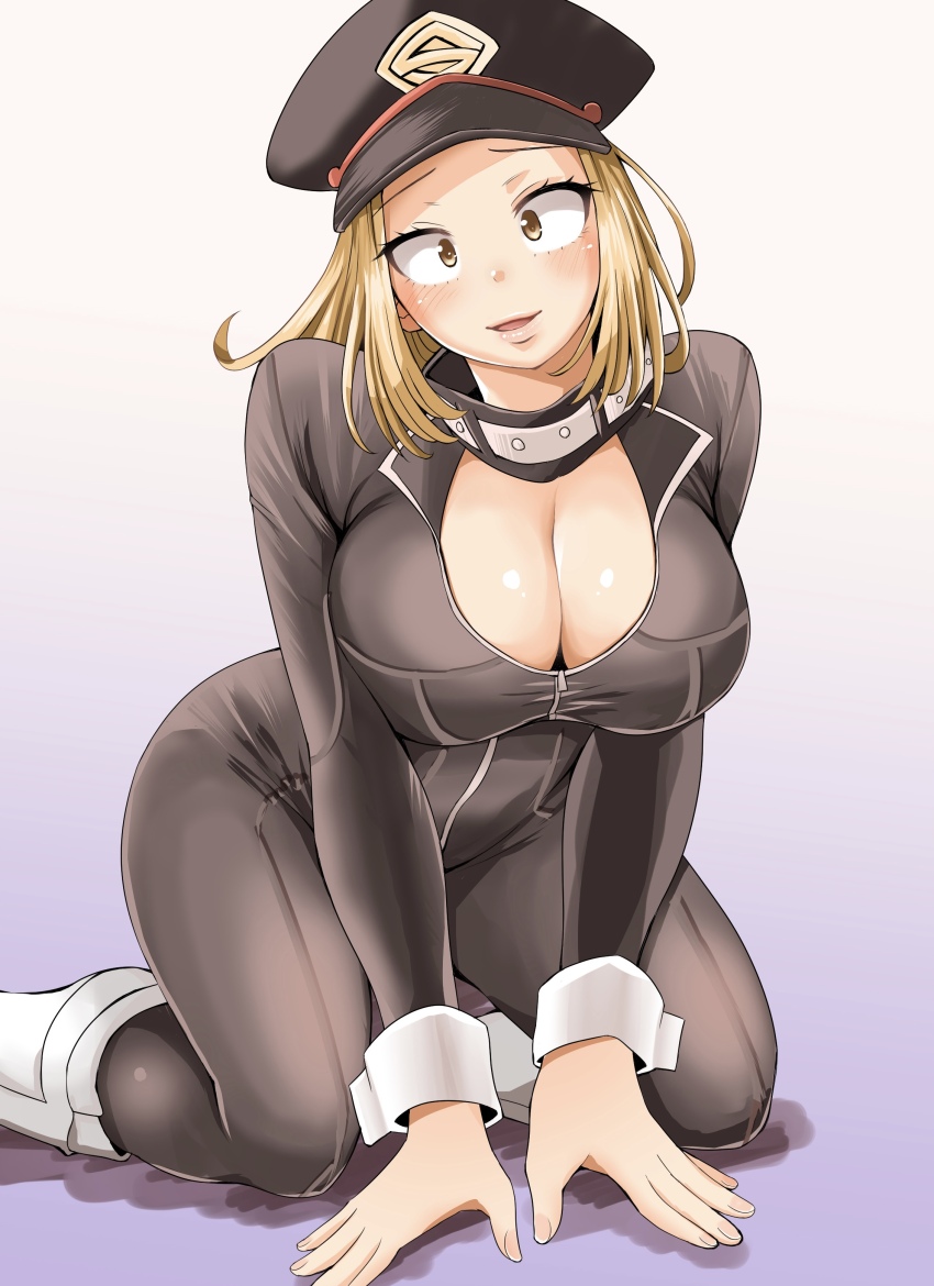 1girl absurdres adahcm black_bodysuit black_hat blonde_hair bodysuit boku_no_hero_academia breasts brown_eyes catsuit cleavage hat highres kneeling large_breasts long_hair looking_at_viewer peaked_cap solo utsushimi_kemii wrist_cuffs