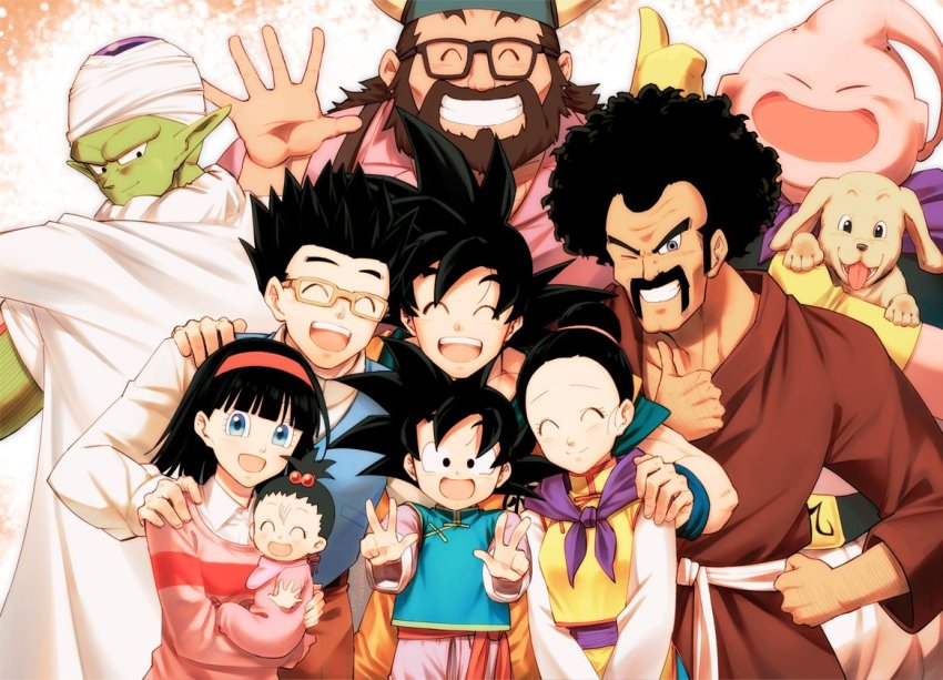 3girls 6+boys :d ;) ^_^ afro animal baby beard bee_(dragon_ball) black-framed_eyewear black_eyes black_hair blue_eyes blush brothers cape chi-chi_(dragon_ball) child china_dress chinese_clothes clenched_hand clenched_teeth closed_eyes collared_shirt dog dot_nose double_v dragon_ball dragon_ball_super dress dress_shirt eyelashes facial_hair family father_and_daughter father_and_son furrowed_brow glasses gloves gradient_background grandfather_and_granddaughter grandmother_and_granddaughter grey_eyes gyuu_mao hair_between_eyes hair_bobbles hair_bun hair_ornament hairband hand_on_another&#039;s_shoulder hand_on_own_hip hand_up hat height_difference high_ponytail holding holding_animal husband_and_wife long_sleeves looking_at_another looking_at_viewer looking_back looking_down majin_buu mattari_illust medium_hair mother_and_daughter mother_and_son mr._satan multiple_boys multiple_girls mustache neckerchief one_eye_closed open_mouth orange_background pan_(dragon_ball) piccolo pink_hairband pink_shirt pink_sweater pointy_ears ponytail purple_neckerchief shirt siblings simple_background single_hair_bun smile son_gohan son_goku son_goten spiked_hair suspenders sweater teeth thumbs_up turban upper_teeth_only v v_arms vest videl waistcoat waving white_background white_shirt wristband yellow-framed_eyewear yellow_gloves