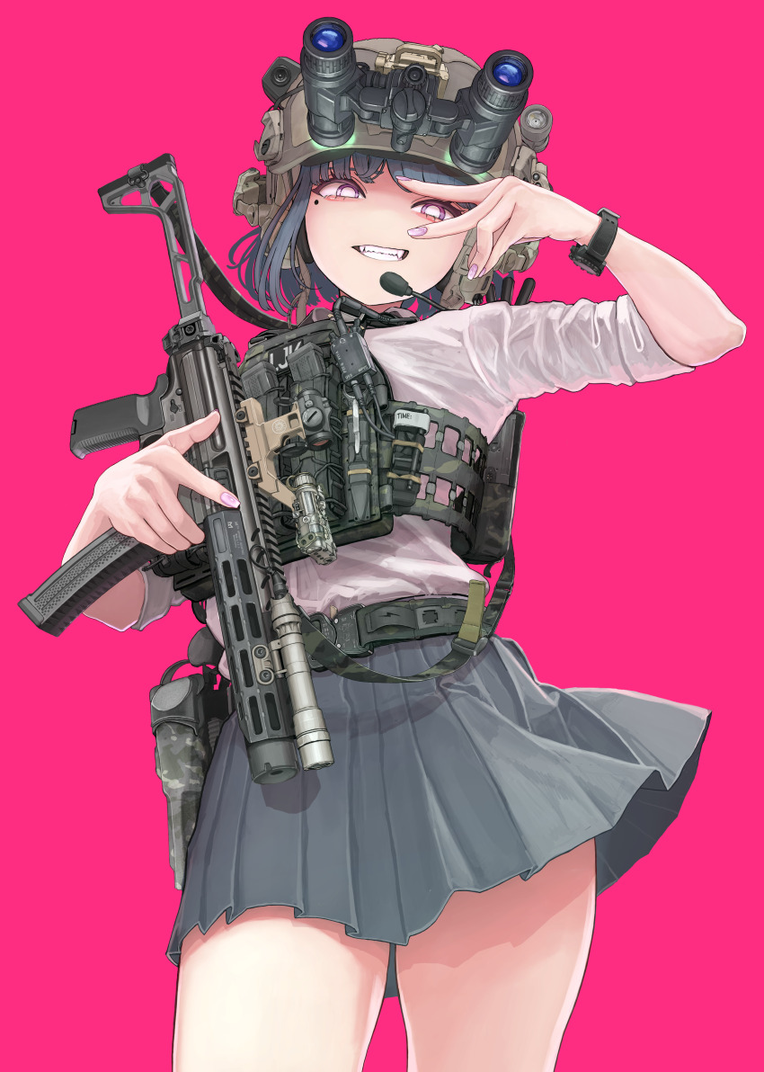 1girl absurdres belt black_hair bright_pupils bulletproof_vest combat_helmet commentary_request cowboy_shot fangs flashlight grey_skirt gun gun_sling handgun helmet highres holding holding_gun holding_weapon holster holstered laser_sight looking_at_viewer magazine_(weapon) mole mole_under_eye night_vision_device nyo551 original parted_lips pink_background pink_nails pleated_skirt purple_eyes school_uniform scope shirt short_hair sig_mpx sig_sauer simple_background skirt solo submachine_gun suppressor tactical_school_uniform teeth watch weapon white_pupils white_shirt wristwatch