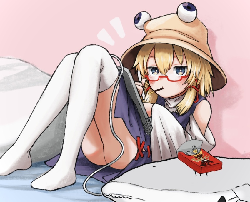 1girl ass bare_shoulders bespectacled blonde_hair brown_hat cable cushion detached_sleeves drawing_tablet food food_in_mouth glasses hair_between_eyes hair_ribbon hat highres holding holding_drawing_tablet holding_pen long_sleeves looking_at_viewer moriya_suwako mouth_hold multicolored_eyes neritch no_shoes notice_lines pen pocky pocky_in_mouth purple_vest red-framed_eyewear red_ribbon ribbon semi-rimless_eyewear short_hair sidelocks sitting solo thighhighs thighs touhou turtleneck two-tone_eyes under-rim_eyewear vest white_thighhighs wide_sleeves