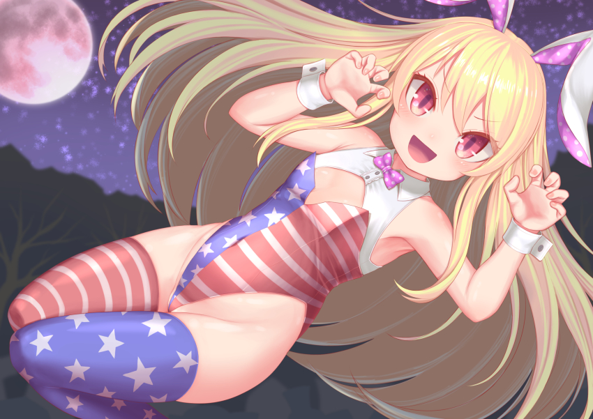 1girl :d alternate_costume american_flag_dress american_flag_legwear animal_ears arms_up bare_shoulders blonde_hair blush breasts claw_pose clownpiece collarbone commentary_request fake_animal_ears fingernails full_moon halloween harunoha highres leotard long_hair looking_at_viewer moon multicolored_clothes night no_nose open_mouth playboy_bunny red_eyes sidelocks sky small_breasts smile solo star_(sky) star_(symbol) star_print starry_sky striped_clothes striped_legwear striped_thighhighs thighhighs thighs touhou wrist_cuffs