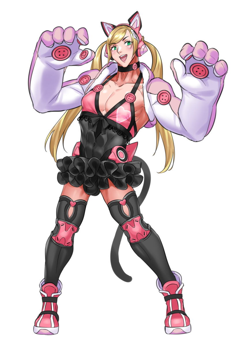 1boy 1girl abs absurdres animal_ears animal_hands animal_pose black_thighhighs blonde_hair bulge crossdressing crossdressing_(ftm) crossdressing_(mtf) fake_animal_ears full_body genderswap genderswap_(ftm) gloves green_eyes headphones highres lucky_chloe muscular muscular_male p.maker paw_gloves simple_background solo tekken tekken_7 thighhighs twintails