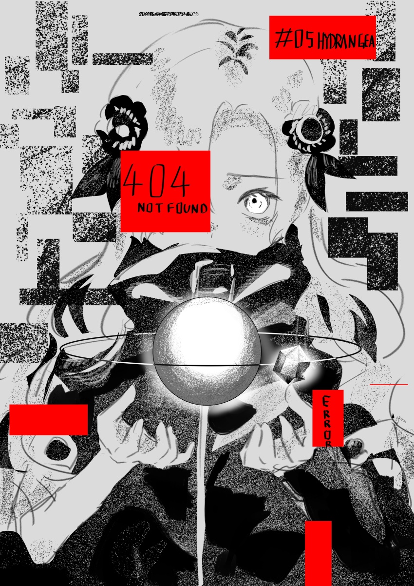 1girl 404 absurdres coat commentary_request flower hair_flower hair_ornament hair_over_one_eye higan_ame high_collar highres http_status_code isekaijoucho kamitsubaki_studio long_hair looking_at_viewer monochrome orb sketch solo spot_color upper_body virtual_youtuber