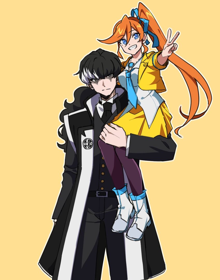 1boy 1girl ace_attorney athena_cykes bags_under_eyes belt black_coat black_hair black_pants blue_eyes blue_necktie boots breasts buttons coat commentary_request cropped_jacket high_ponytail highres jacket long_hair maka_gtsb multicolored_hair necktie open_clothes open_jacket orange_hair pants pantyhose phoenix_wright:_ace_attorney_-_dual_destinies ponytail shirt simon_blackquill simple_background smile streaked_hair teeth two-tone_hair v white_footwear white_hair white_shirt yellow_background yellow_jacket
