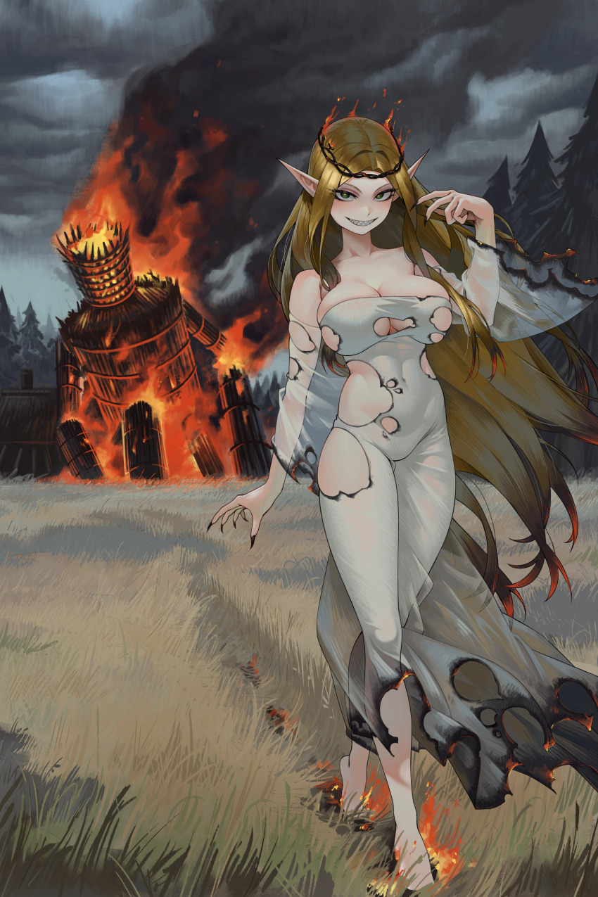 1girl absurdres barefoot blonde_hair breasts burnt_clothes burnt_hair circlet dress elf fingernails fire forest gemi_ningen grasslands green_eyes grin highres house large_breasts long_fingernails long_hair looking_at_viewer nature on_grass original pathfinder pointy_ears sharp_fingernails sharp_teeth skindentation smile smoke solo teeth torn_clothes very_long_hair white_dress wicker_man witch
