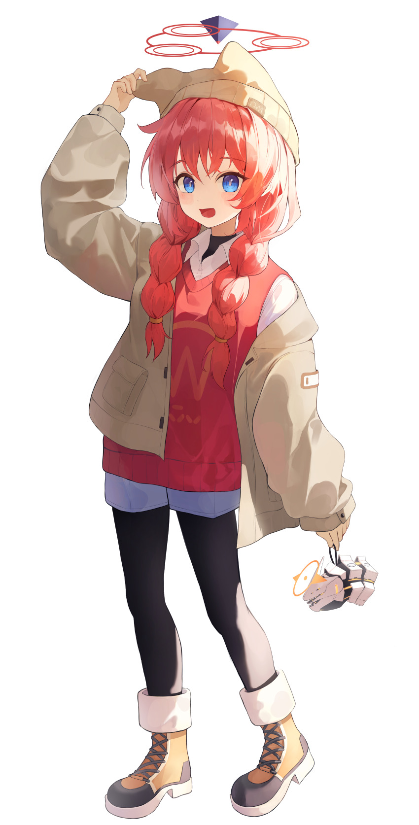 1girl absurdres beanie binah_(blue_archive) black_pantyhose blue_archive blue_eyes blush boots braid brown_hat brown_jacket collared_shirt commentary grey_shorts halo hat highres jacket kano_(kano4) long_hair long_sleeves maki_(blue_archive) maki_(camp)_(blue_archive) open_clothes open_jacket open_mouth pantyhose red_hair red_halo red_vest shirt shorts simple_background smile solo twin_braids vest white_background white_shirt yellow_boots