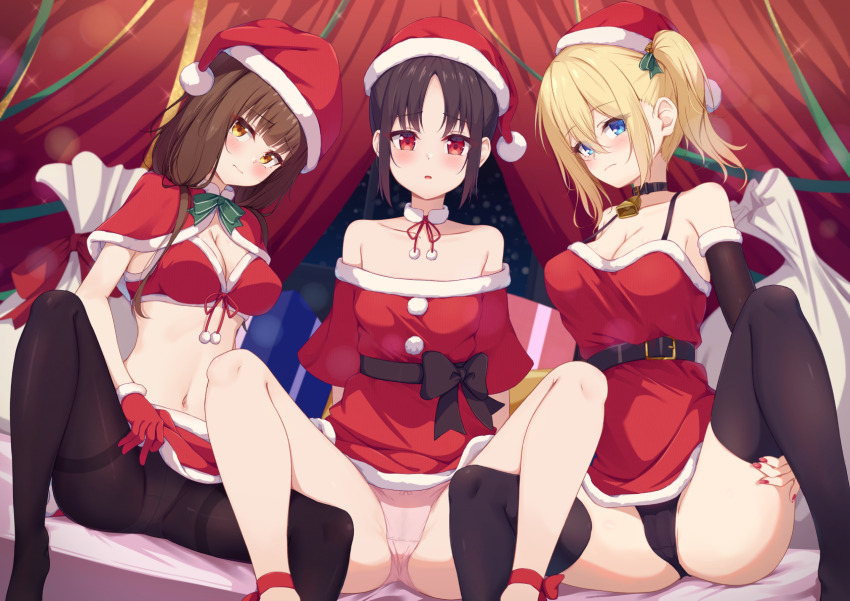 3girls alternate_costume ankle_ribbon bare_shoulders bikini bikini_skirt black_choker black_hair black_panties black_pantyhose black_thighhighs blonde_hair blue_eyes blunt_bangs blush bow breasts brown_eyes brown_hair capelet choker christmas cleavage collarbone commentary commission detached_collar detached_sleeves dress folded_ponytail gloves hair_between_eyes hair_bow hat hayasaka_ai highres iino_miko indoors kaguya-sama_wa_kokurasetai_~tensai-tachi_no_renai_zunousen~ leg_ribbon long_hair looking_at_viewer low_twintails medium_breasts medium_hair miso_(misomiso_154) multiple_girls navel off-shoulder_dress off_shoulder panties pantyhose parted_bangs parted_lips pink_panties red_bikini red_capelet red_dress red_eyes red_gloves red_nails red_ribbon red_skirt ribbon sack santa_bikini santa_costume santa_hat shadow shinomiya_kaguya short_hair side_ponytail sidelocks sitting skeb_commission skindentation skirt small_breasts spread_legs swimsuit thighband_pantyhose thighhighs twintails underwear